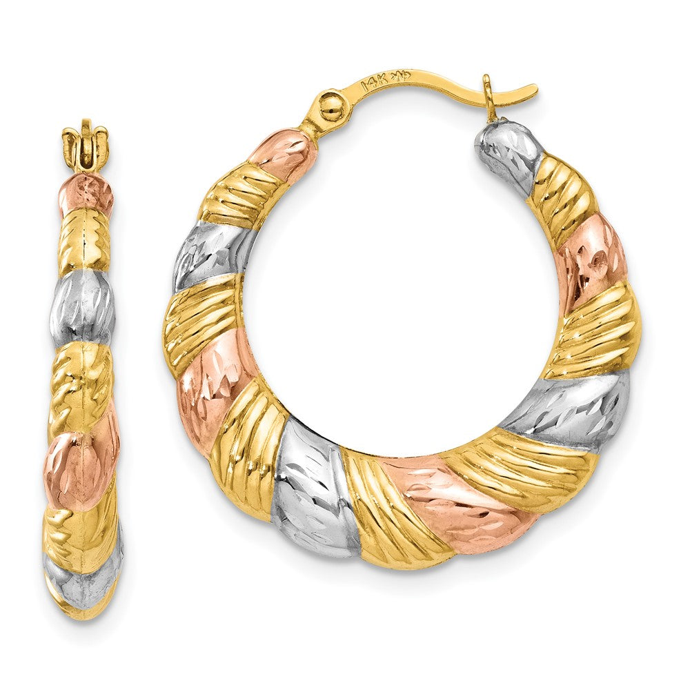 14K Tri-Color Gold Hollow Scalloped Hoop Earrings