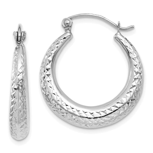 14K White Gold Diamond-cut Hollow Hoop Earrings