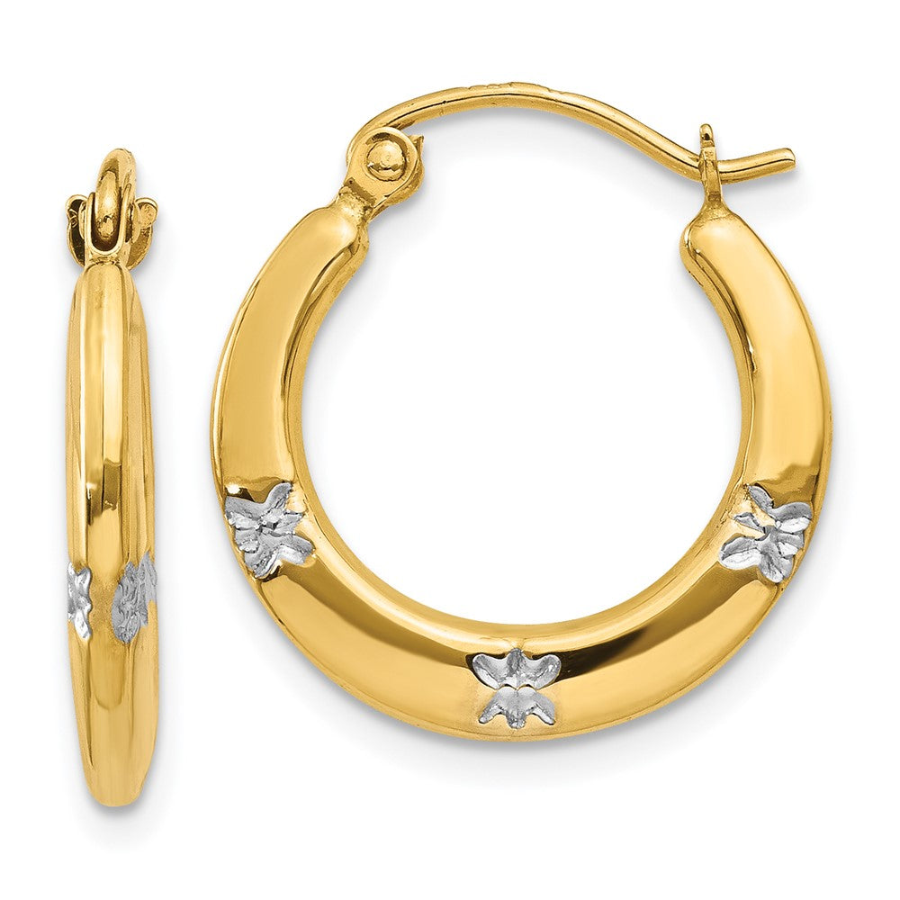 14K Two-Tone Gold Flowers Hollow Hoop Earrings