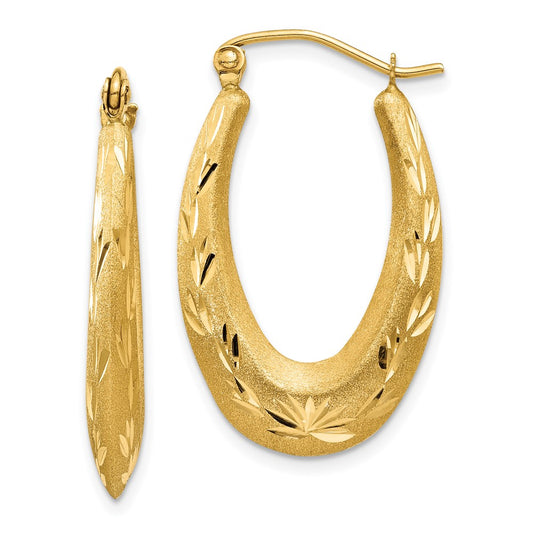 14K Yellow Gold Satin Diamond-cut Hollow Hoop Earrings