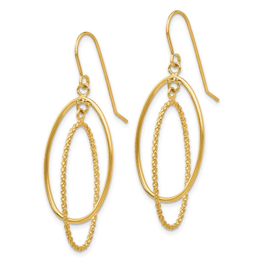 14K Yellow Gold Polished and Textured Ovals Dangle Earrings
