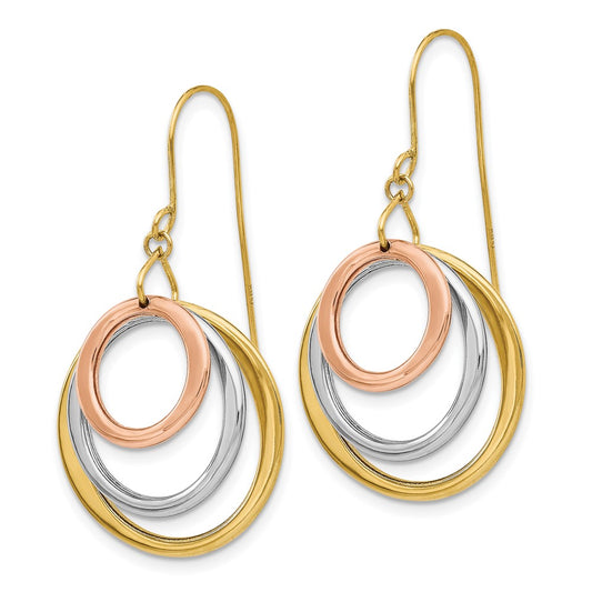 14K Tri-Color Gold Gold Circle Dangle Shepherd Hook Earrings