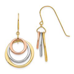 14K Tri-Color Gold Gold Circle Dangle Shepherd Hook Earrings