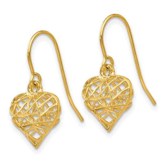 14K Yellow Gold Diamond-cut Puffed Heart Dangle Earrings