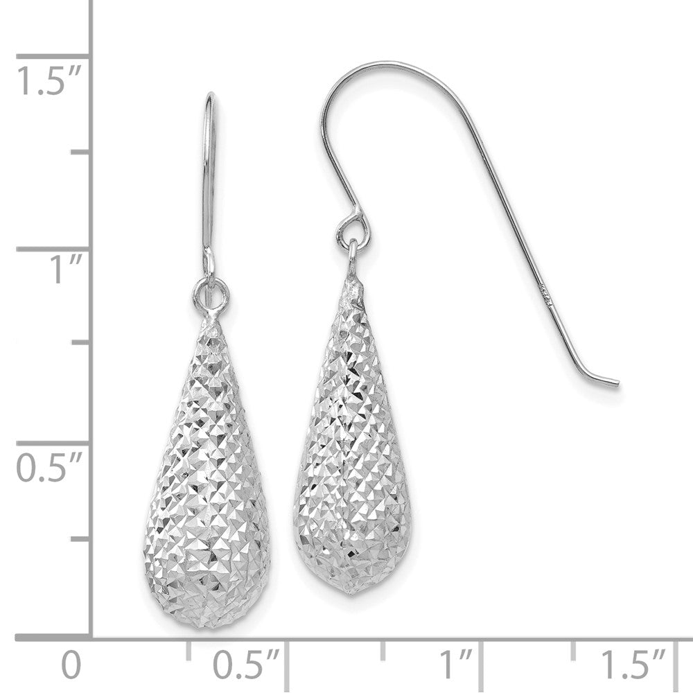 14K White Gold Diamond-cut Puff Tear Drop Dangle Earrings