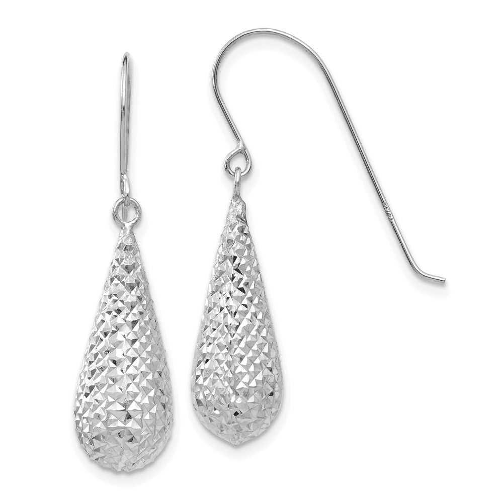 14K White Gold Diamond-cut Puff Tear Drop Dangle Earrings