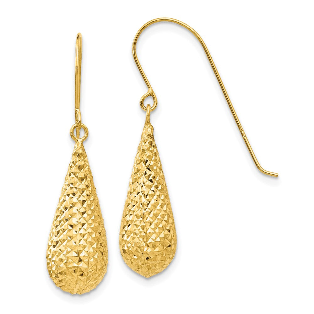 14K Yellow Gold Diamond-cut Puff Tear Drop Dangle Earrings