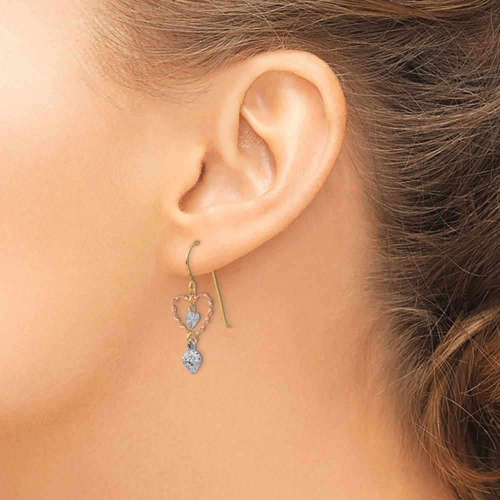 14K Tri-Color Gold Diamond-cut Heart Dangle Earrings