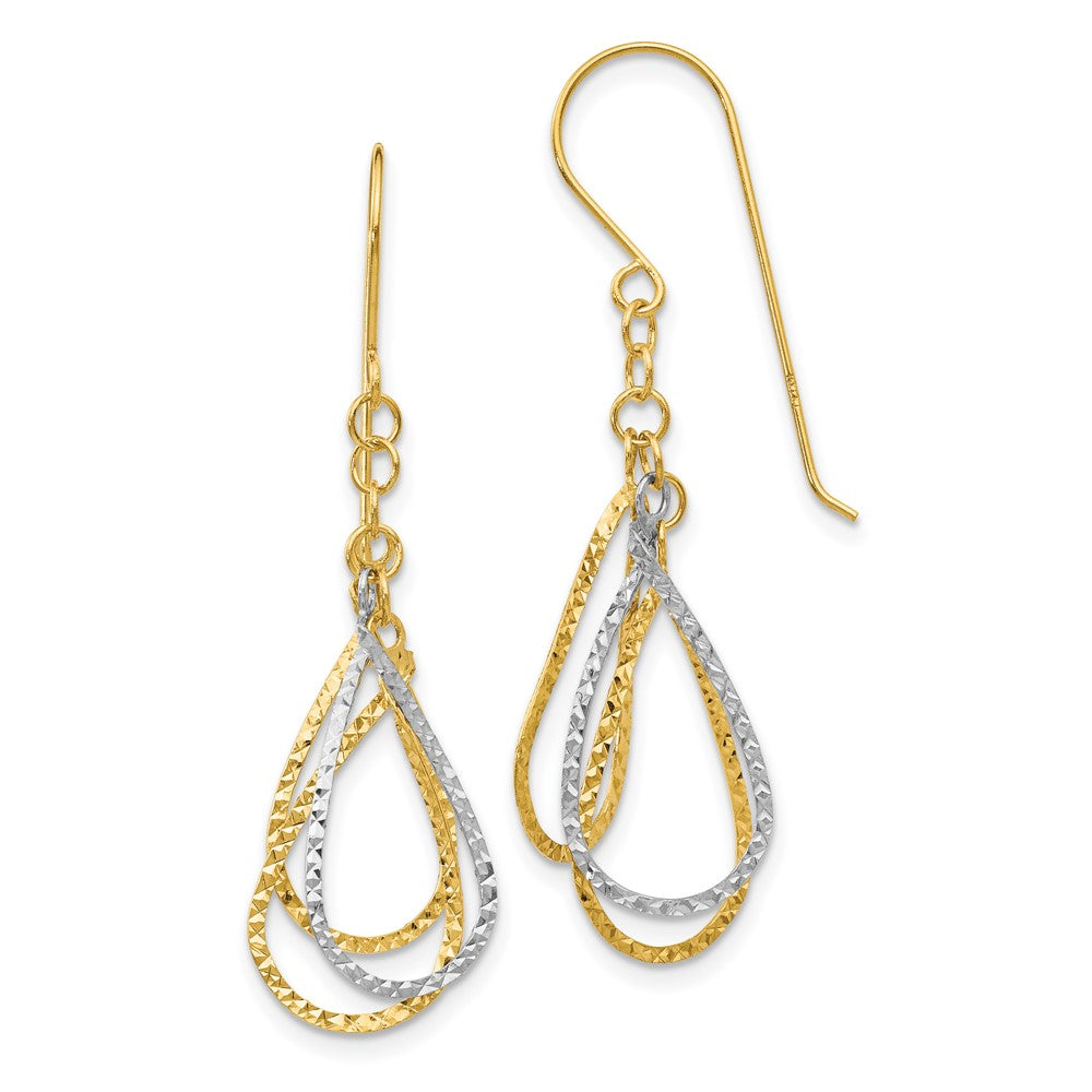14K Two-Tone Gold Diamond-cut Tear Drop Shepherd Hook Earrings