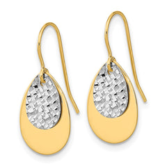 14K Two-Tone Gold Polished Textured Teardrop Dangle Earrings