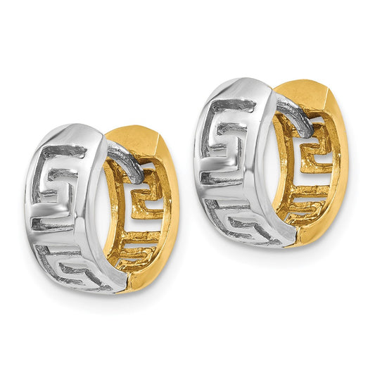 14K Two-Tone Gold Greek Key Hinged Hoop Earrings