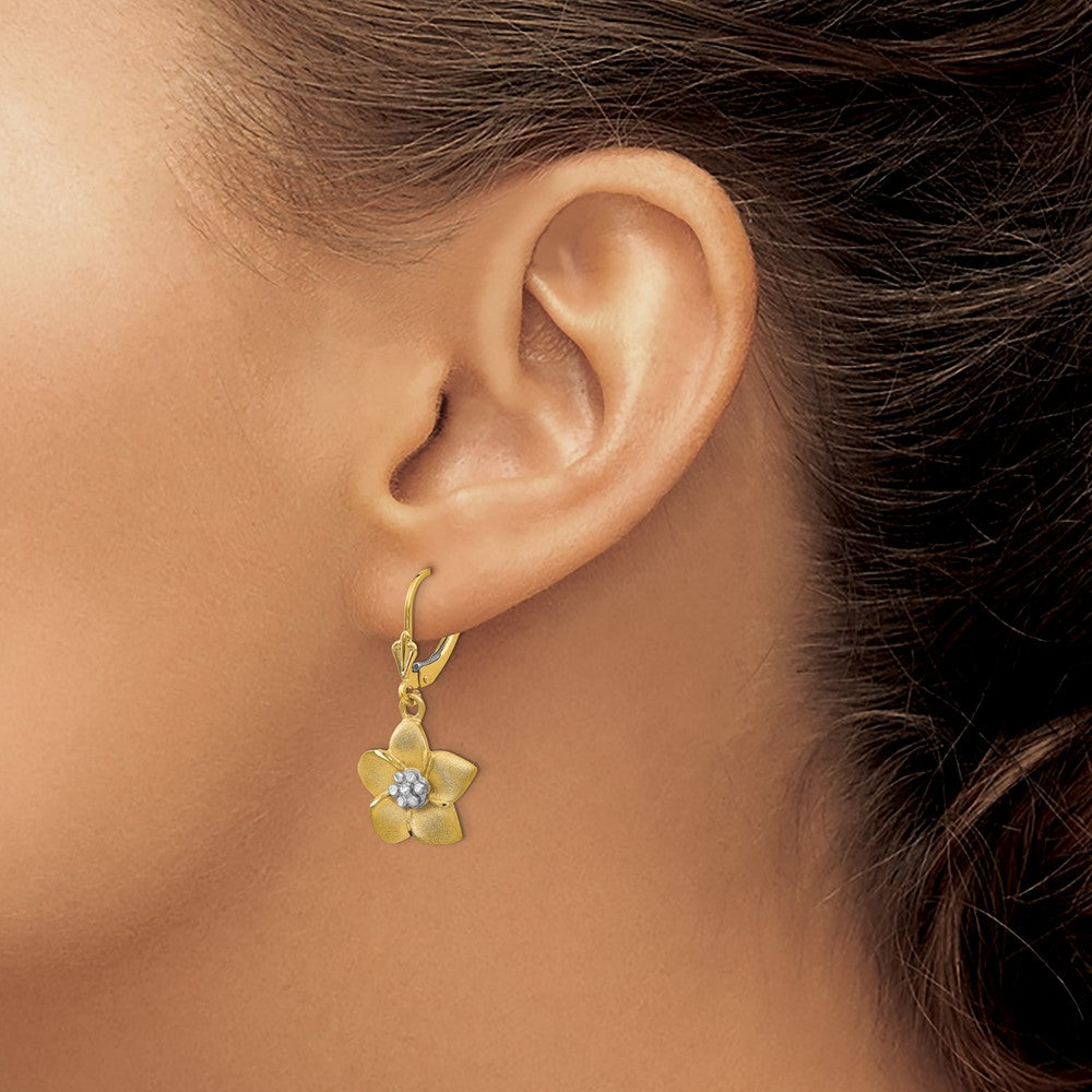 14K Two-Tone Gold Plumeria Leverback Earrings