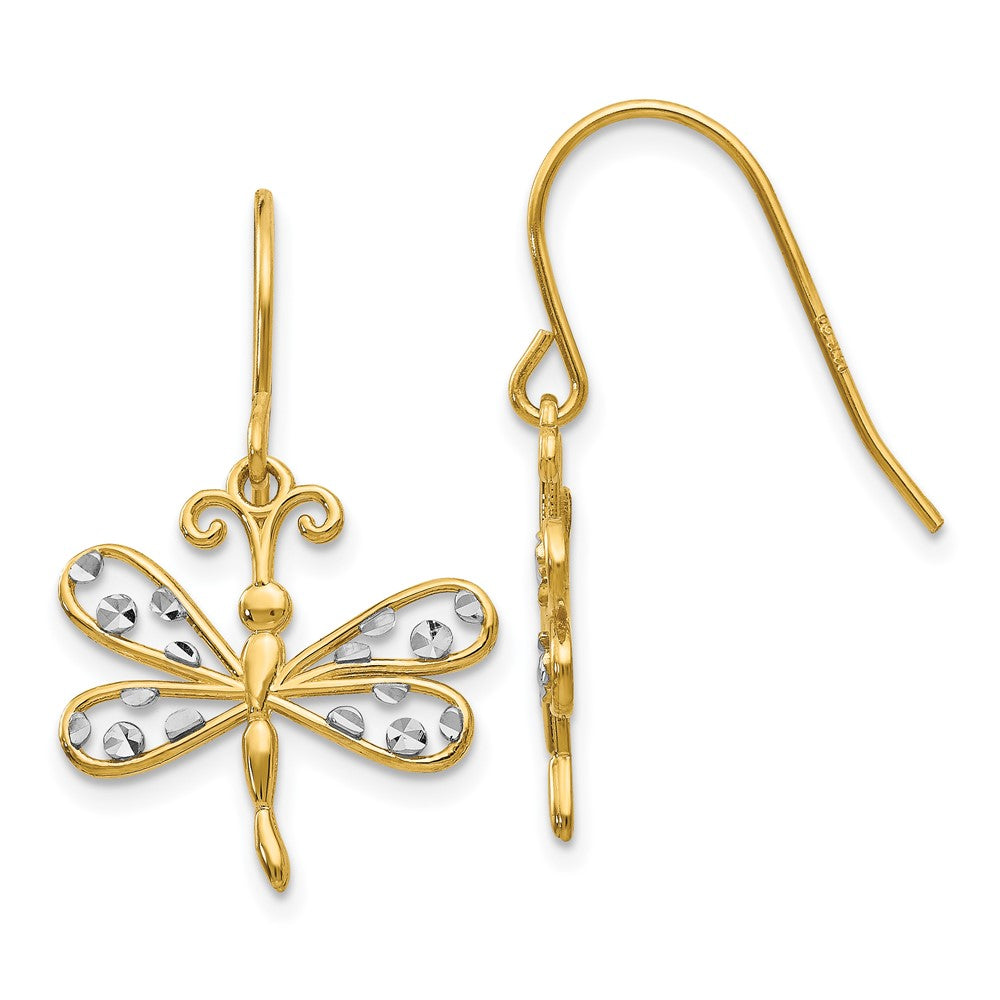 14K Two-Tone Gold Diamond-cut Dragonfly Shepherd Hook Earrings
