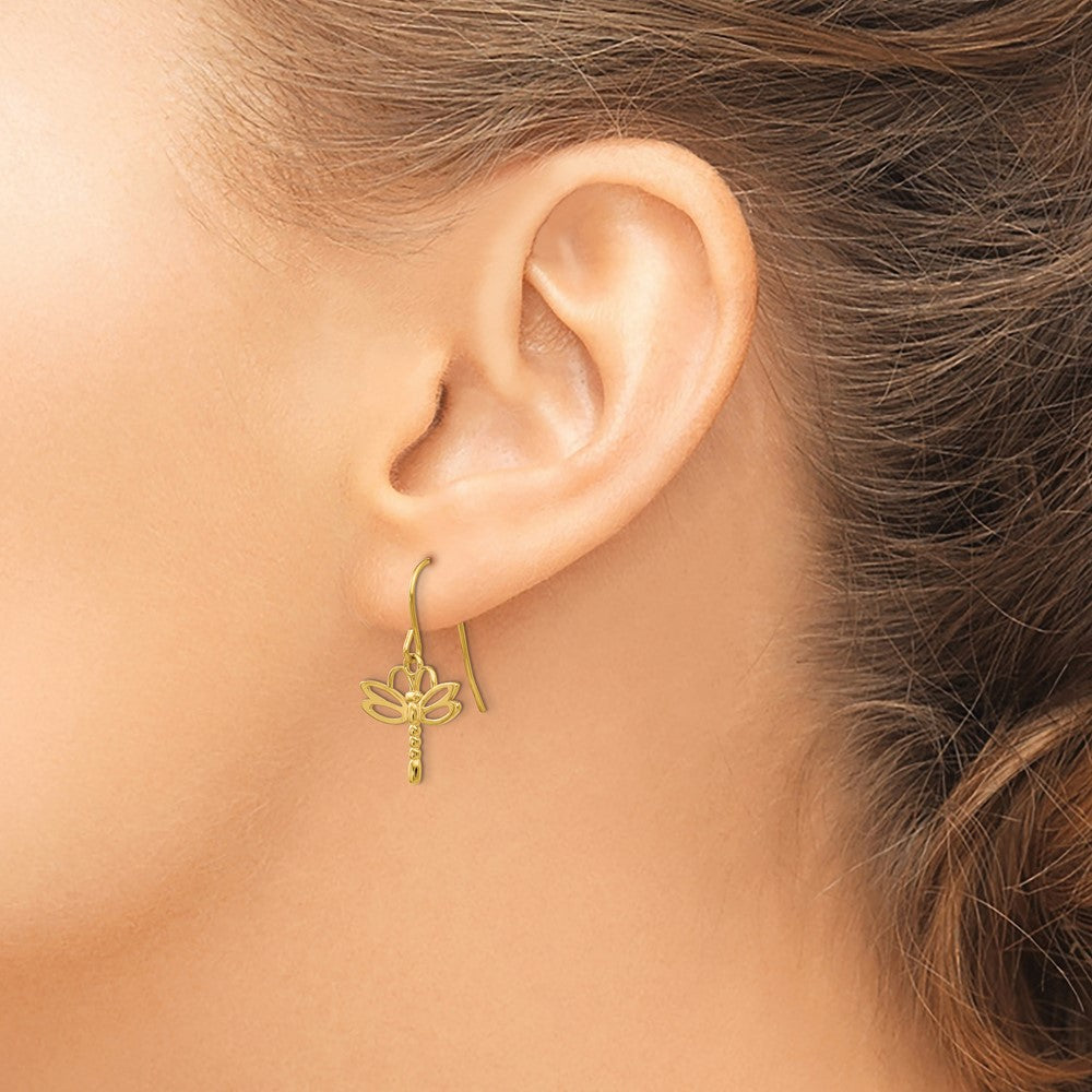 14K Yellow Gold Dragonfly Shepherd Hook Earrings