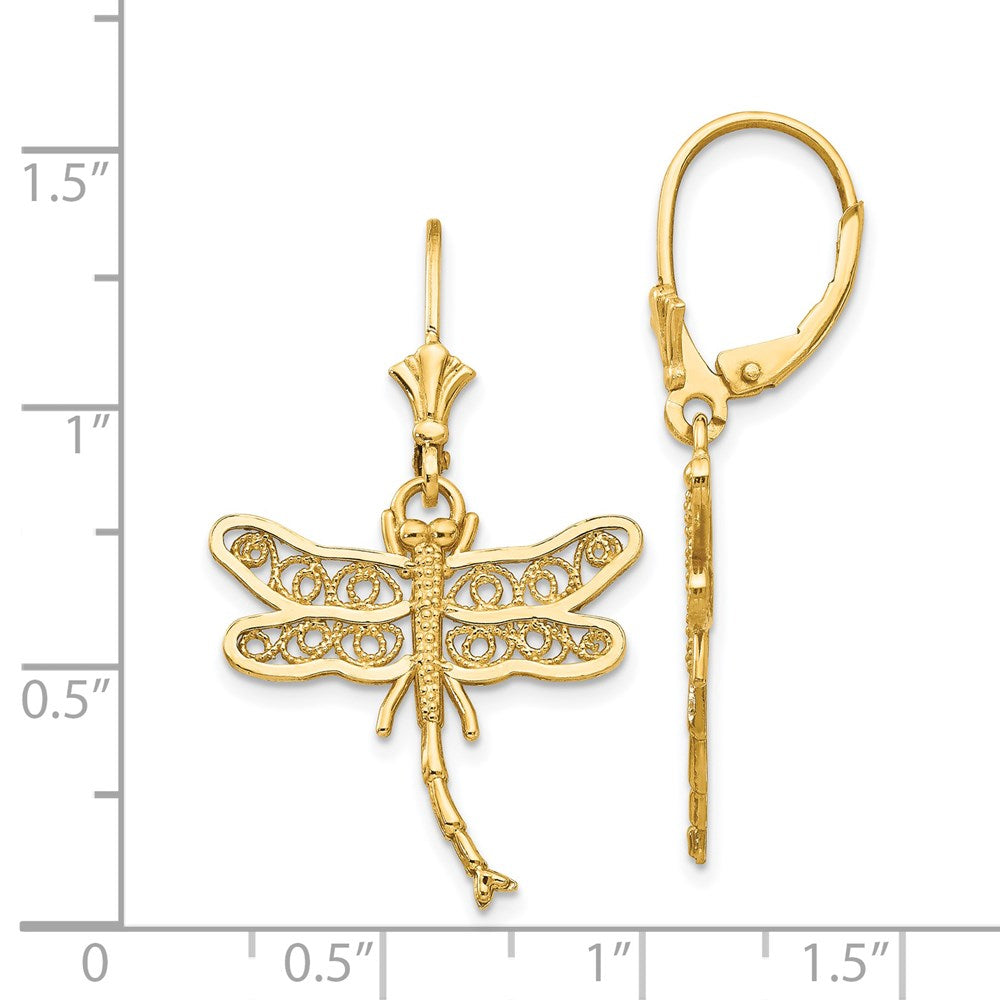 14K Yellow Gold Dragonfly with Filigree Wings Leverback Earrings