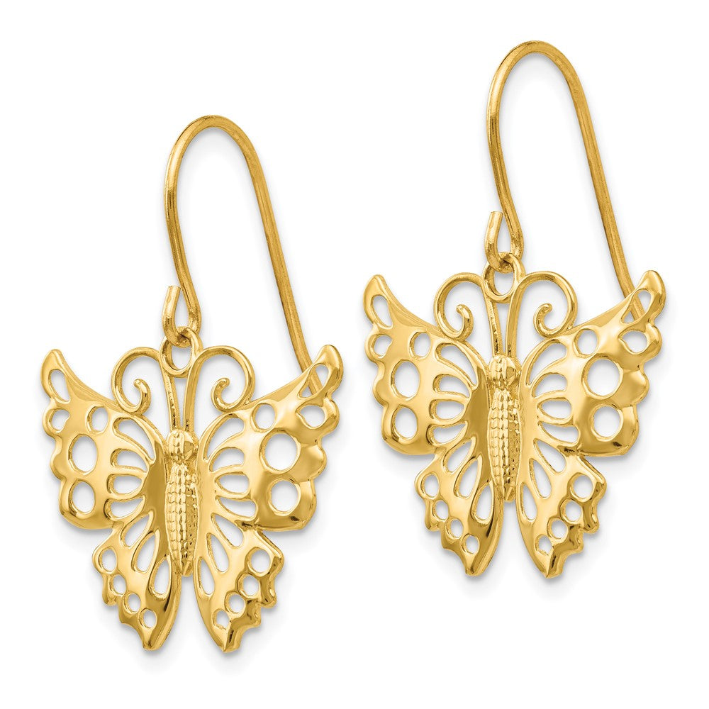 14K Yellow Gold Dangle Butterfly Shepherd Hook Earrings