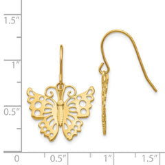 14K Yellow Gold Dangle Butterfly Shepherd Hook Earrings