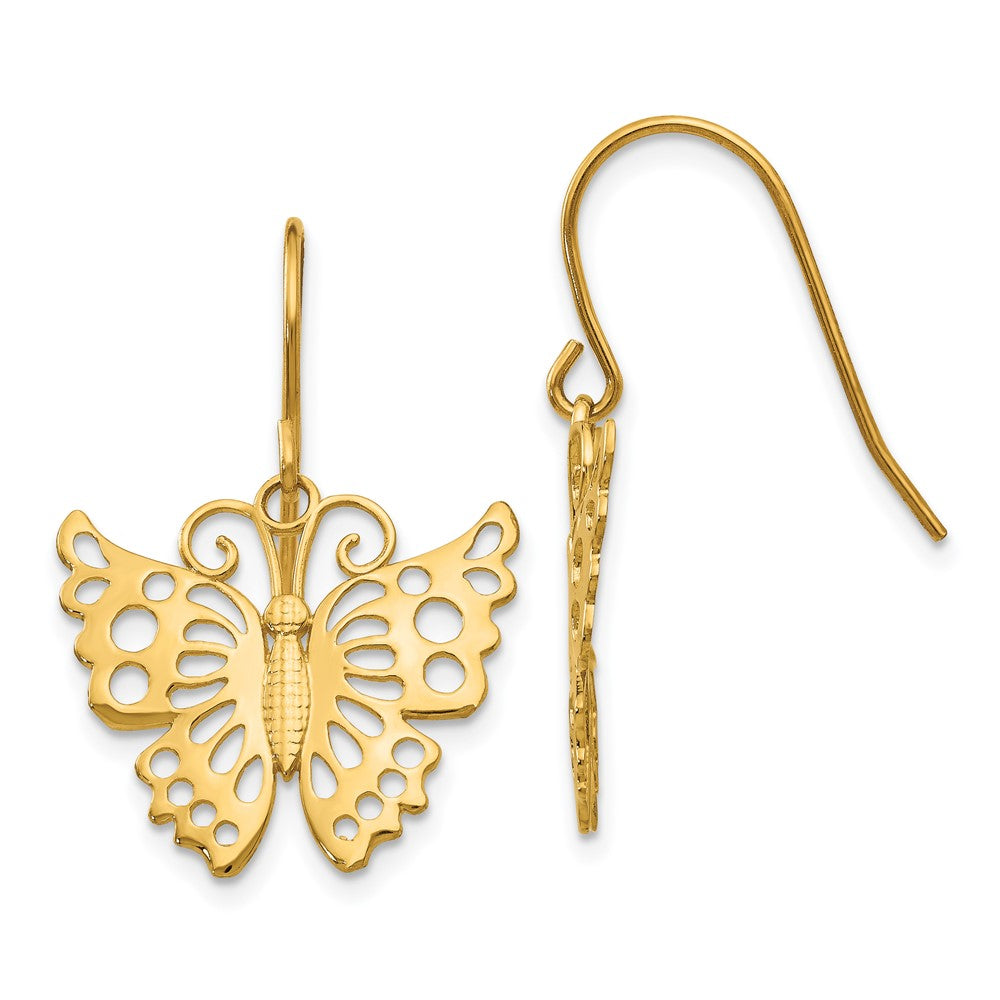 14K Yellow Gold Dangle Butterfly Shepherd Hook Earrings