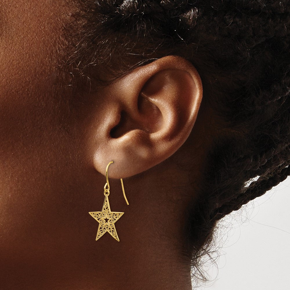 14K Yellow Gold Filigree Star Shepherd Hook Earrings