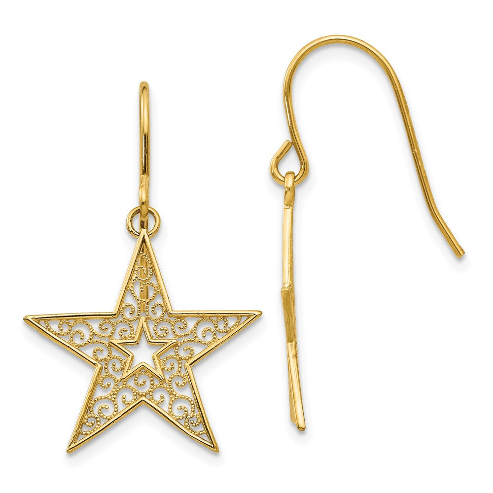 14K Yellow Gold Filigree Star Shepherd Hook Earrings