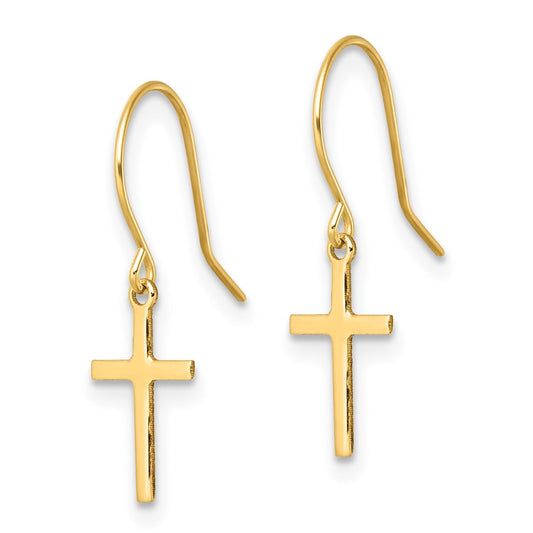 14K Yellow Gold Dangle Cross Shepherd Hook Earrings