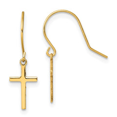 14K Yellow Gold Dangle Cross Shepherd Hook Earrings