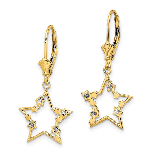 14K Two-Tone Gold Diamond-cut Stars Leverback Earrings