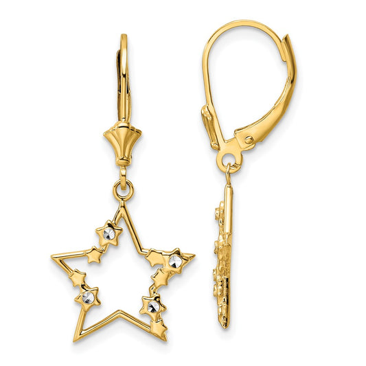14K Two-Tone Gold Diamond-cut Stars Leverback Earrings