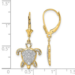 14K Two-Tone Gold Diamond-cut Filigree Turtle Leverback Earrings