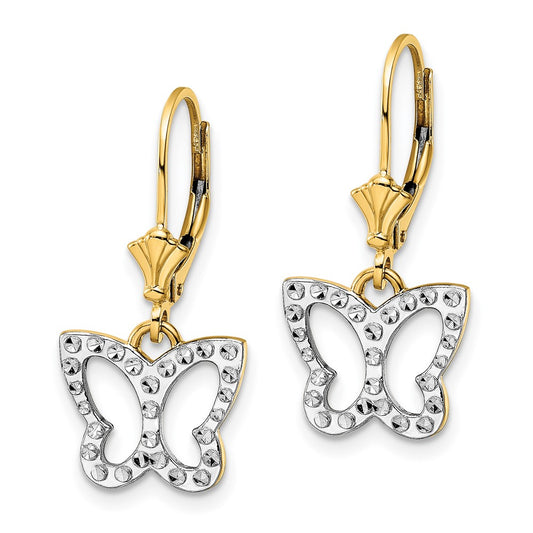 14K Two-Tone Gold Diamond-cut Butterfly Leverback Earrings