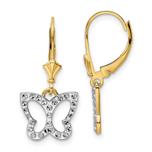 14K Two-Tone Gold Diamond-cut Butterfly Leverback Earrings