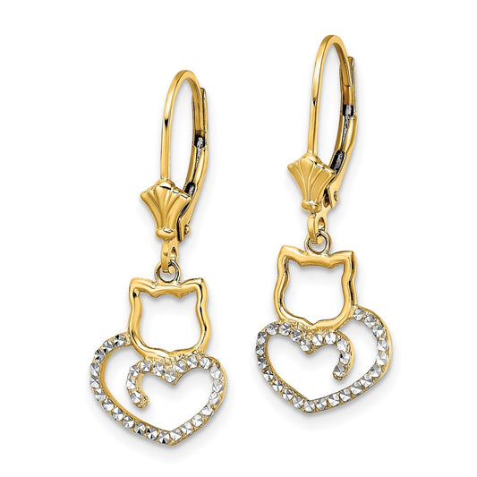 14K Two-Tone Gold Diamond-cut Cat Heart Leverback Earrings