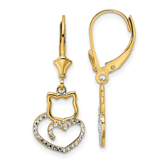 14K Two-Tone Gold Diamond-cut Cat Heart Leverback Earrings