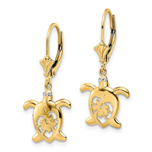14K Two-Tone Gold Diamond-cut Floral Turtle Leverback Earrings