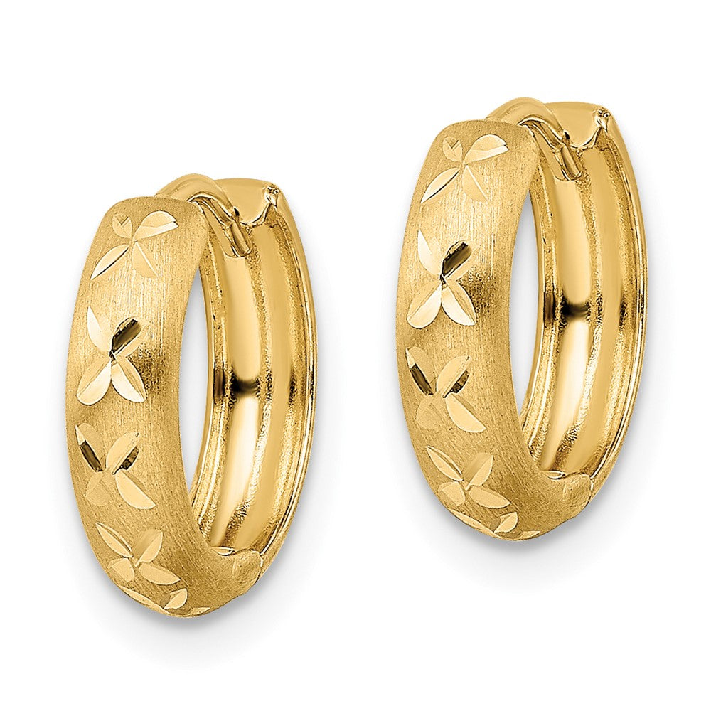 14K Yellow Gold Diamond-cut X Satin 3x13mm Hinged Hoop Earrings