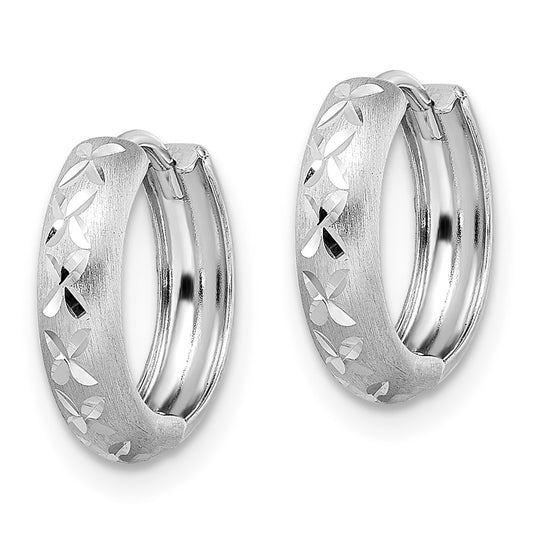 14K White Gold Diamond-cut X Satin 3x13mm Hinged Hoop Earrings