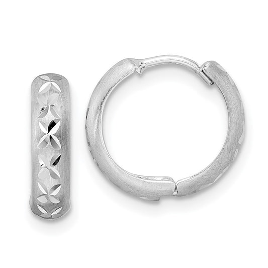 14K White Gold Diamond-cut X Satin 3x13mm Hinged Hoop Earrings