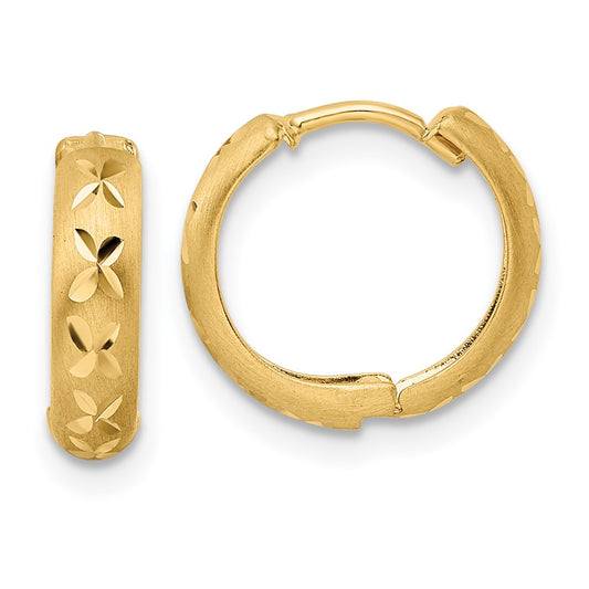 14K Yellow Gold Diamond-cut X Satin 3x13mm Hinged Hoop Earrings