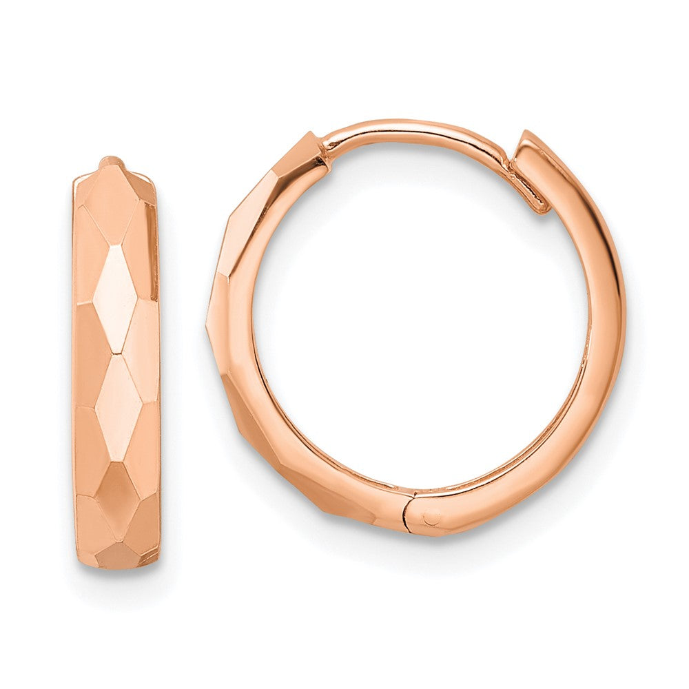 14K Rose Gold Polished Faceted 3x15mm Hinged Hoop Earrings