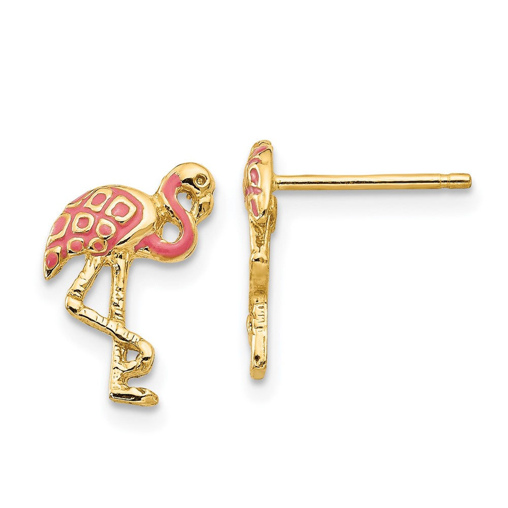 14K Yellow Gold Pink Enameled Flamingo Post Earrings