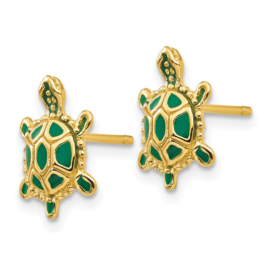 14K Yellow Gold Green Enameled Turtle Post Earrings