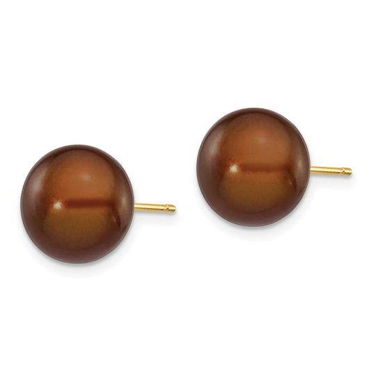 14K Yellow Gold 10-11mm Coffee Button FWC Pearl Stud Post Earrings