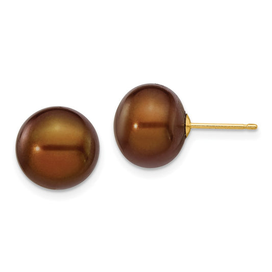 14K Yellow Gold 10-11mm Coffee Button FWC Pearl Stud Post Earrings