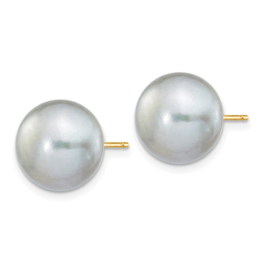 14K Yellow Gold 10-11mm Grey Button FWC Pearl Stud Post Earrings