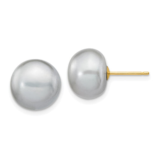 14K Yellow Gold 10-11mm Grey Button FWC Pearl Stud Post Earrings