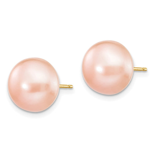 14K Yellow Gold 10-11mm Pink Button FWC Pearl Stud Post Earrings