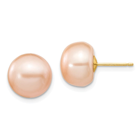 14K Yellow Gold 10-11mm Pink Button FWC Pearl Stud Post Earrings