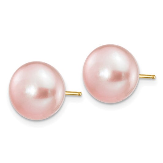 14K Yellow Gold 10-11mm Purple Button FWC Pearl Stud Post Earrings