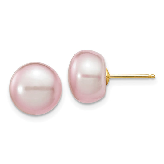 14K Yellow Gold 10-11mm Purple Button FWC Pearl Stud Post Earrings