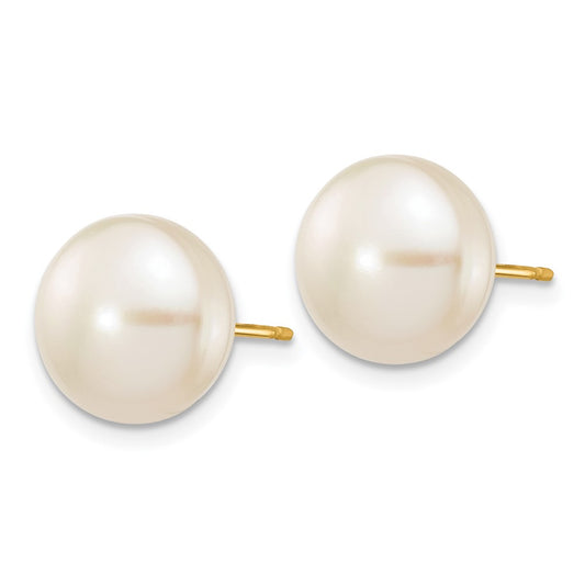 14K Yellow Gold 10-11mm White Button FWC Pearl Stud Post Earrings